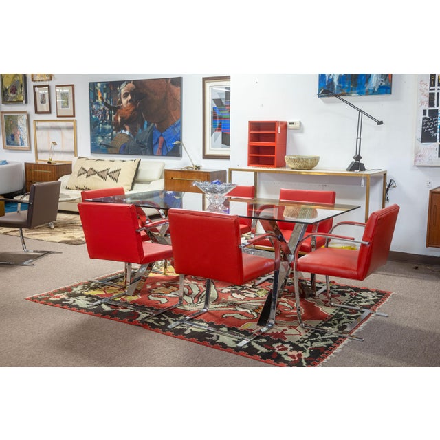 Mid-Century Modern Set of 6 Knoll Brno Flat Bar Chrome Chairs With Authentic Ferrari Red Leather For Sale - Image 3 of 12