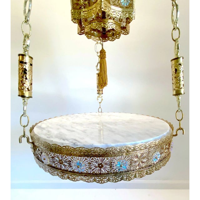 Exotic Moorish Hanging Brass & Crystal Lantern & Marble Side Tables - a Pair For Sale In Greensboro - Image 6 of 9