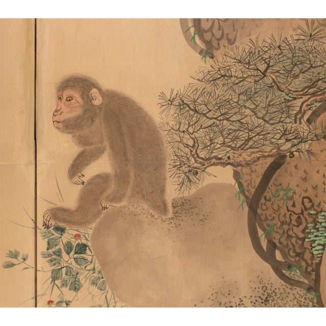 Early 20th Century XL Meiji Era After Mori Sosen "Ten Monkeys and Pine Tree", Antique Japanese Byobu Screen For Sale - Image 5 of 12