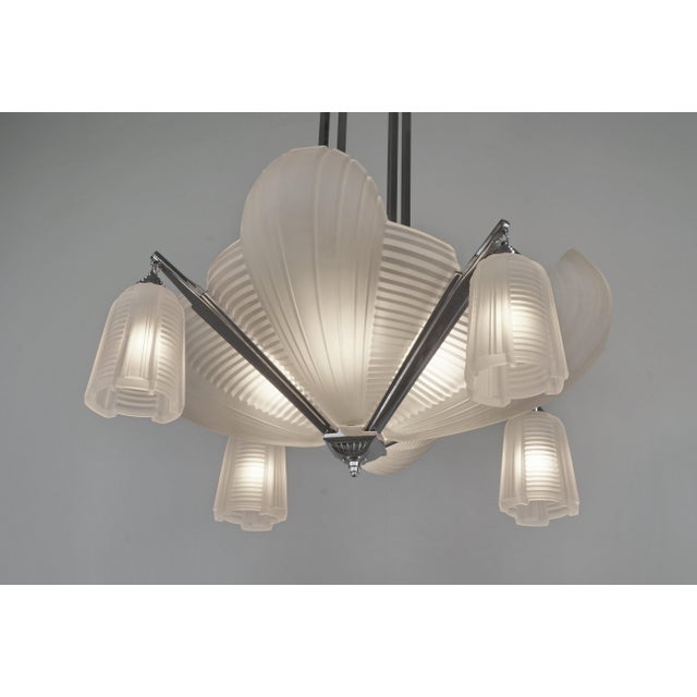 Petitot French Modernist Art Deco Chandelier 1930s - Frosted Glass & Nickeled Bronze For Sale - Image 13 of 15