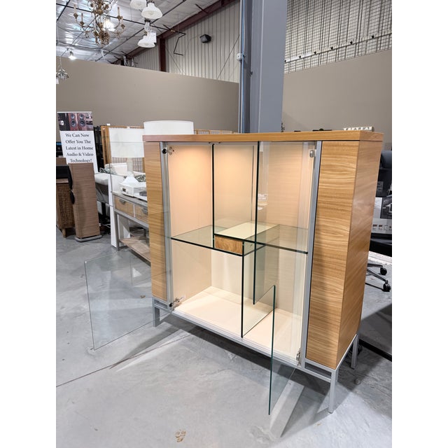 Brown Custom Built Modern Oak Glass Display Cabinet With Metal Base For Sale - Image 8 of 11