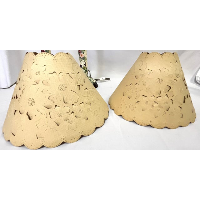 Vintage Italian Ceramic Majolica Candlestick Lamps With Pierced Paper Lampshades- Set of 2 For Sale - Image 10 of 12