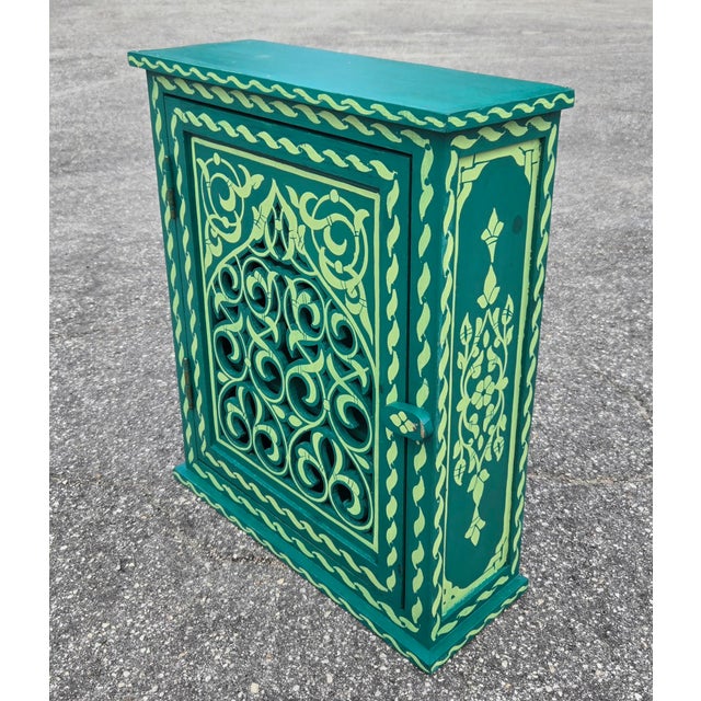 Moroccan Hand Painted Mediterranean Medicine Cabinet / Wall Shelf / Green Zouak For Sale - Image 3 of 7