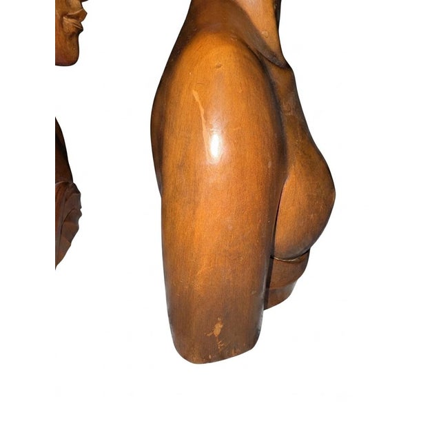 Wood Vintage Hand-Carved Balinese Hardwood Busts Pair For Sale - Image 7 of 7