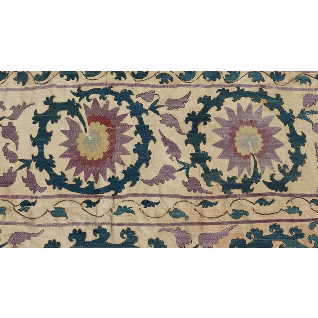 Antique Uzbekistan Suzani Textile With Medallion and Floral Vine Embroidery For Sale - Image 14 of 17