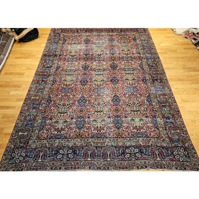 1900 - 1909 Vintage Oversized Persian Kerman Lavar Rug, Hand-Knotted Wool, Tree of Life Pattern, Red & Blue, 11x15 For Sale - Image 5 of 13