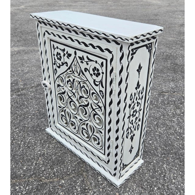 Moroccan Hand Painted Mediterranean Medicine Cabinet / Wall Shelf / White and Black Zouak For Sale - Image 3 of 7