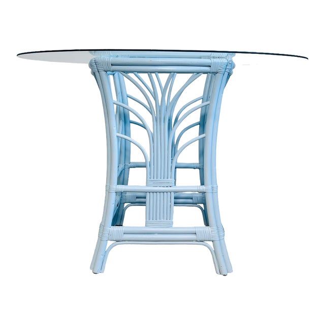 Round Rattan Glass Top Dining Table Soft Sky Blue | Chairish