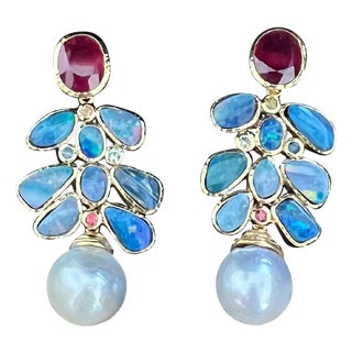 Bochic "Orient" Vintage Ruby, Opal & Sapphires Earrings Set 18K Gold & Silver For Sale