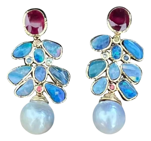 Bochic "Orient" Vintage Ruby, Opal & Sapphires Earrings Set 18K Gold & Silver