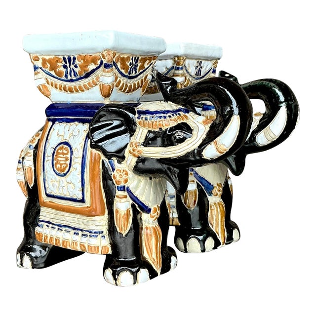 Vintage Boho Glazed Ceramic Elephant Planters - Set of 2 For Sale