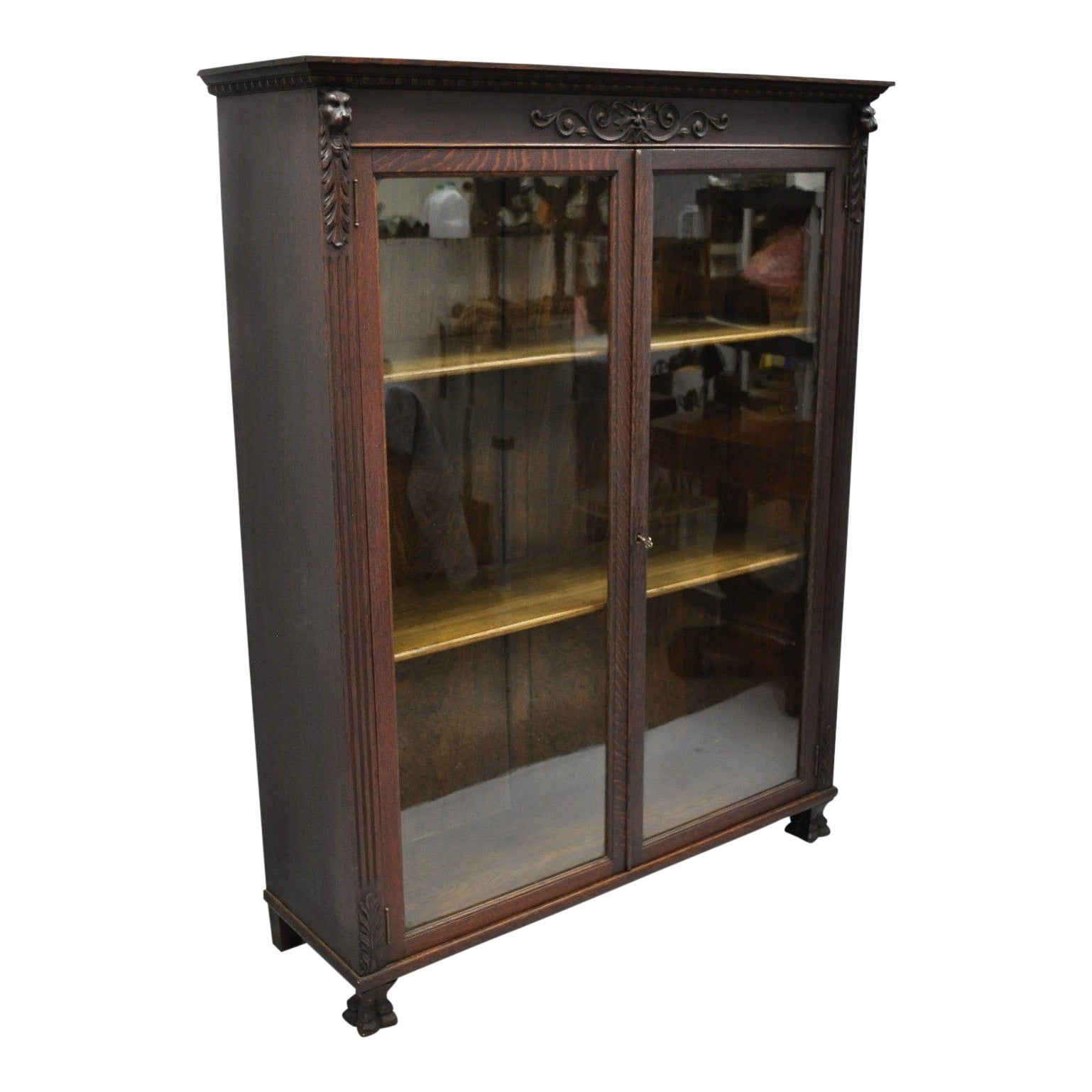 Victorian Oak Glass Two Door Bookcase With Claw Feet Lion Chairish