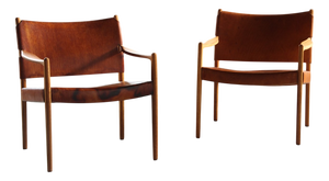 Premier 69 Armchairs in Oak and Cognac Leather by Per-Olof Scotte for Mobel Ikea, 1960s, Set of 2