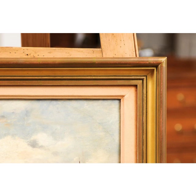 French 19th Century Framed Oil On Panel Painting Depicting a Village by the Sea For Sale - Image 4 of 12