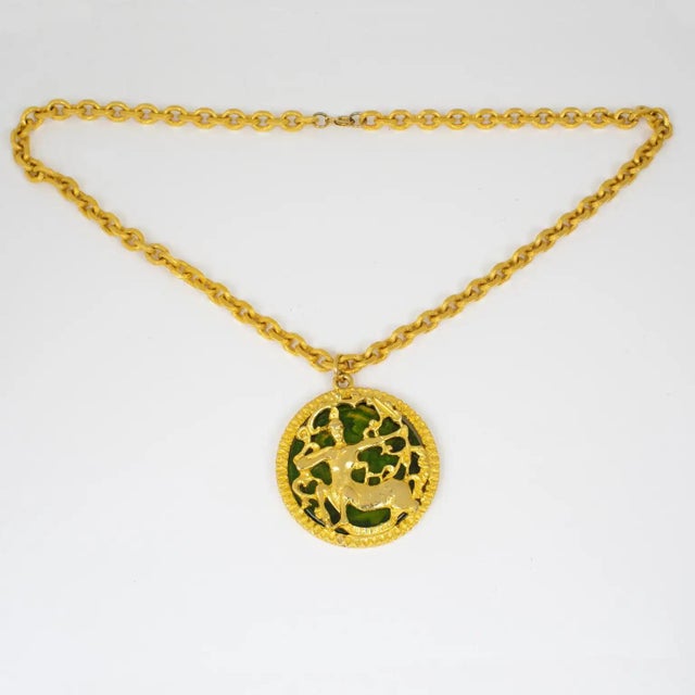 Pauline Rader Gilded Necklace with Green Bakelite Centaur Pendant For Sale - Image 4 of 12