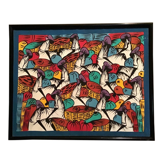 “Market Day” Mid Century Haitian Oil on Canvas Painting For Sale