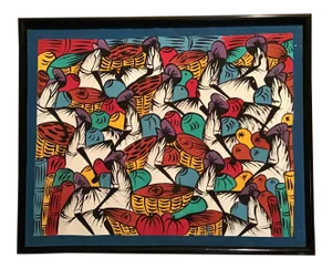 “Market Day” Mid Century Haitian Oil on Canvas Painting