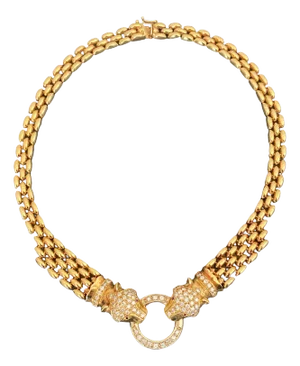Mid Century 18kt Gold and Diamond Panther Heads Necklace