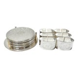 1970s Etched Silverplate Coasters With Holder & Napkin Rings – 13 Piece Set For Sale