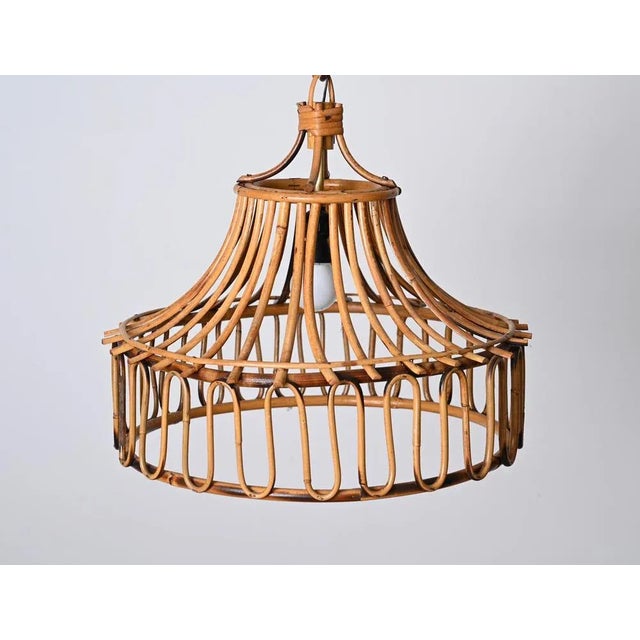 Brown Mid-Century Italian French Riviera Round Bamboo and Rattan Pendant Light, 1960s For Sale - Image 8 of 13