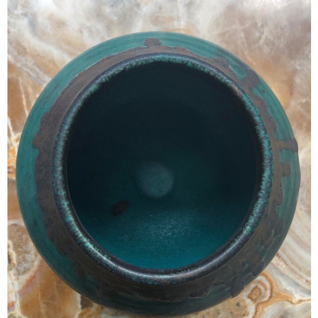 Teal Vase With Brown Rim, Signed For Sale - Image 4 of 5
