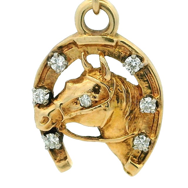 Metal Vintage 14k Gold Diamond Horse Head and Horseshoe Pendant For Sale - Image 7 of 8