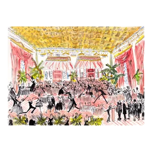 "Pink Dining Hall" Contemporary Original Whimsical Figurative Print by Pauline de Roussy de Sales