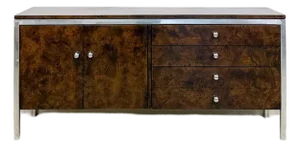Mid 20th Century Tomlinson Burlwood Credenza Chrome Details Doors Drawers, Buffet, Console