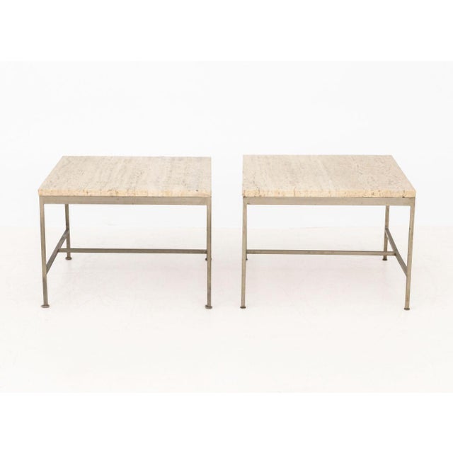 Pair of Paul McCobb (American, 1917-1969) Travertine Stone Top Steel Side Tables. 15" H x 20.25" W x 20.25" D. Provenance:...