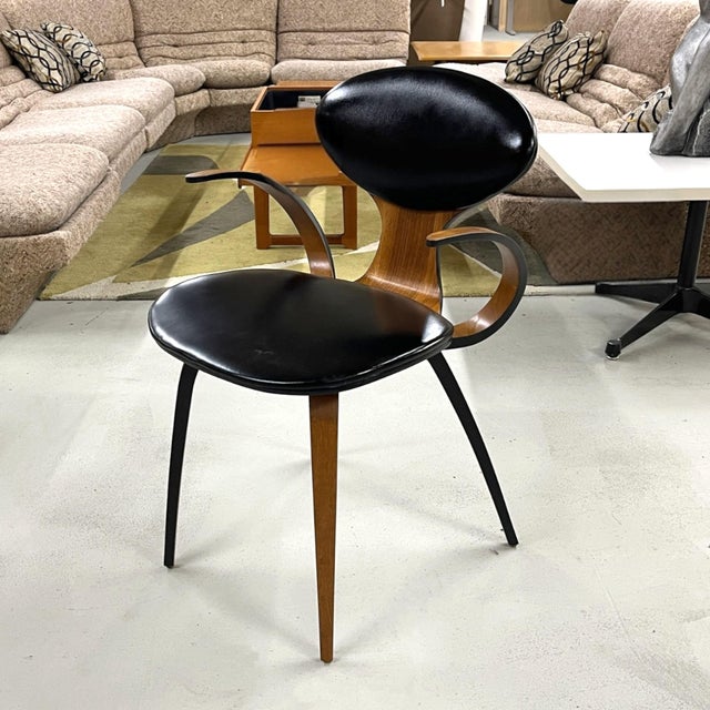Norman Cherner Style Sculpted Bent Plywood Armchair With Black Cushions For Sale - Image 6 of 13