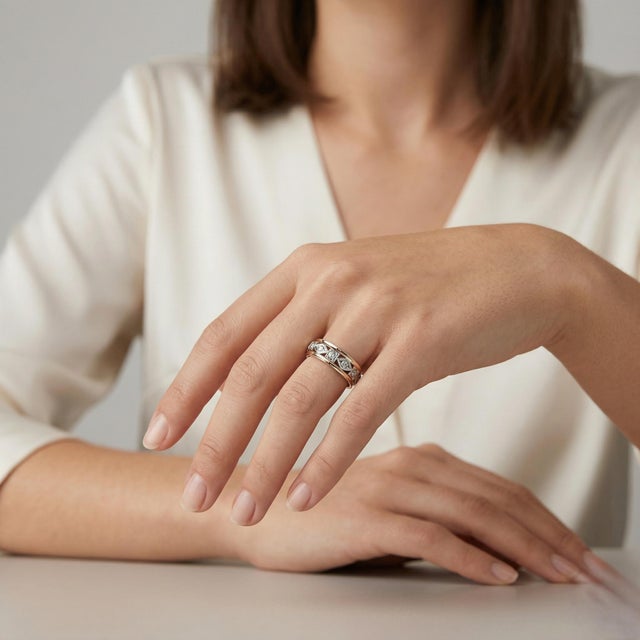 Elegant vintage 14K yellow and white gold band featuring natural diamonds totaling approximately 0.20 Carat Total Weight,...