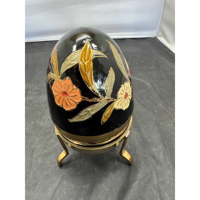 Vintage Black, Gold, and Orange Indian Cloisonné Brass Enamel Floral Egg Trinket Box Beautiful vintage black floral egg...