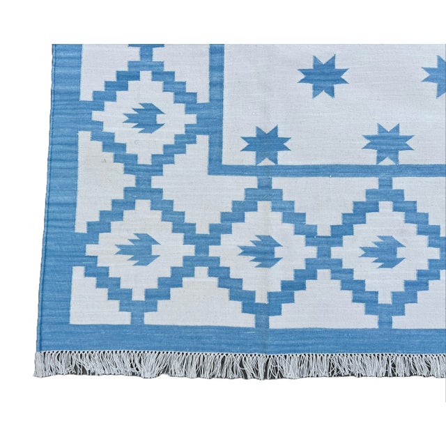 Handmade Cotton Vegetable Dyed Sky Blue and White Star Patterned Diamond Rug - 8'x10' For Sale - Image 10 of 11