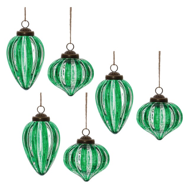 Contemporary Green Ribbed Crackle Glass Ornament (Set of 6) For Sale - Image 3 of 3
