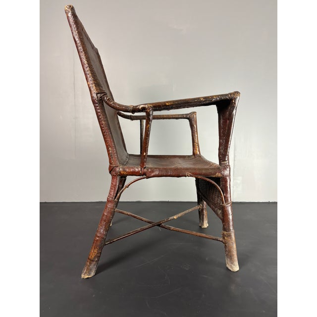 Wood Art Deco Wabi Sabi Colonial Rattan and Faux Leather Oil Cloth Armchair, 1920s For Sale - Image 7 of 18