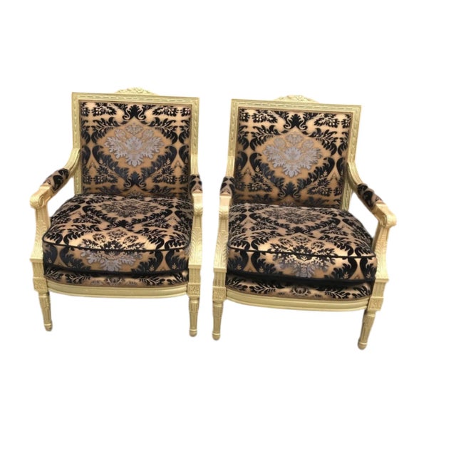 Gold Antique Louis XVI Style Armchair With Carved Gold Frame Newly Reupholstered in a Patterned Velvet - Pair For Sale - Image 8 of 8