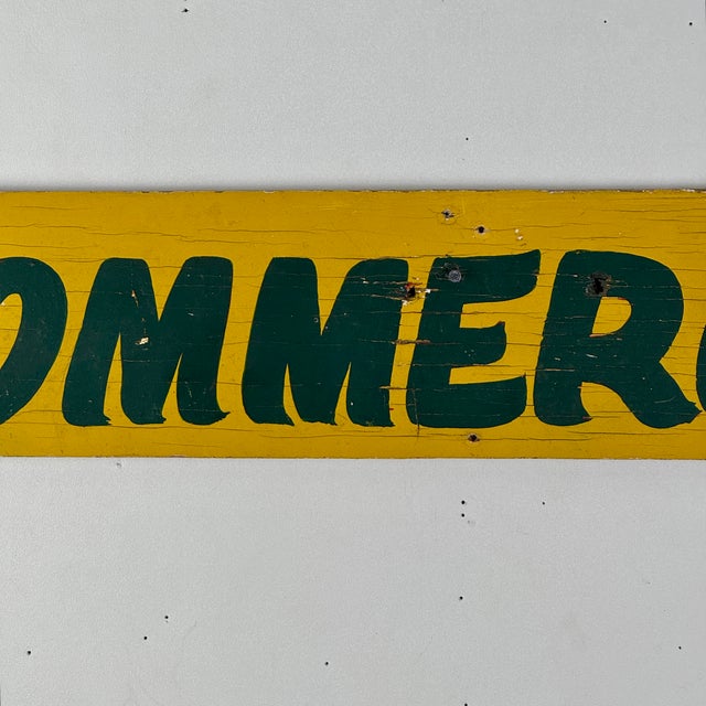 American Vintage Yellow Hand Written Wood "Commercial" Sign For Sale - Image 3 of 6