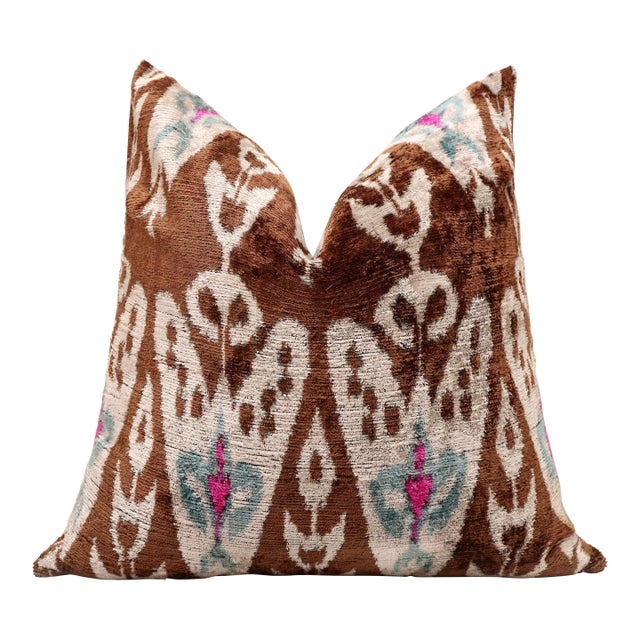 Earth & Sky Ikat Velvet Throw Pillow 20x20 | Handmade Designer Accent Cushion For Sale