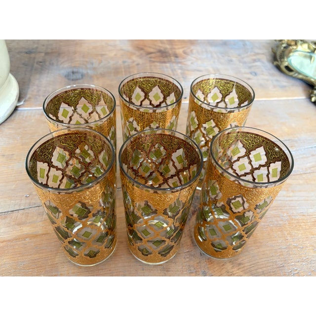 1960s 1960s Culver LTD "Valencia" 22k Gold & Green Highball Glasses - Set of 6 For Sale - Image 5 of 5