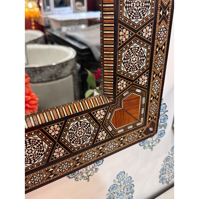 Vintage Marquetry Wood Inlay Mirror With Mother-of-Pearl Details For Sale In Los Angeles - Image 6 of 8