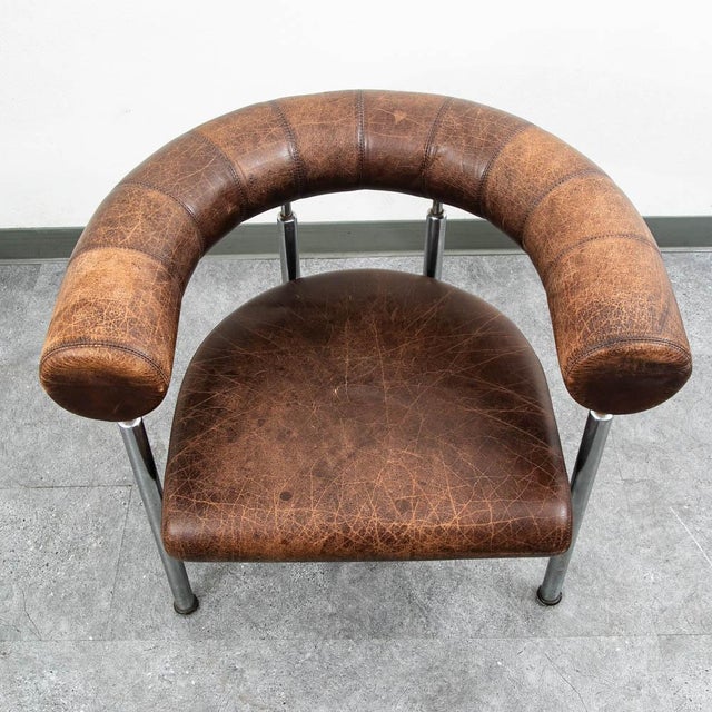 Metal 1960s Mid Century Danish Modern Lounge Chair Brown Leather Round Back Steel Cobra Seat For Sale - Image 7 of 12