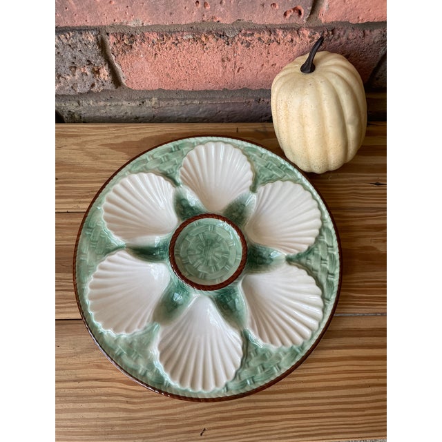 1930s French Longchamp Green and White Majolica Oyster Plate For Sale - Image 15 of 16