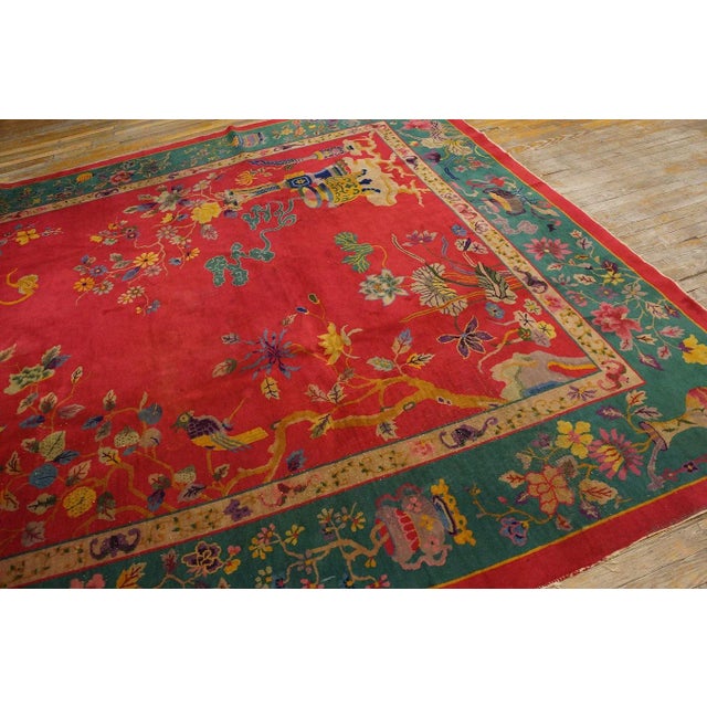 Raspberry Red 1920s Red Floral Vase Antique Chinese Art Deco Carpet 9' X 11' 8'' Handknotted Wool Rug For Sale - Image 8 of 9