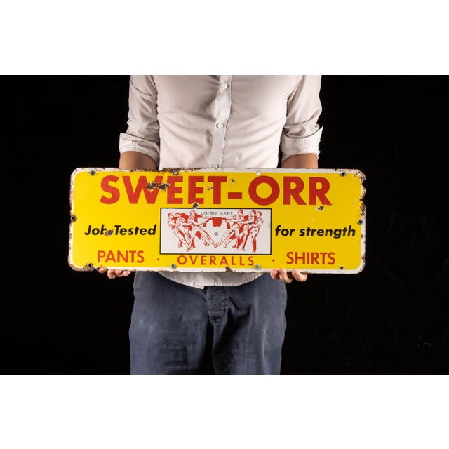 c. 1930s-1940s; Sweet-Orr & Co. - Wappingers Falls, NY Single-sided porcelain enamel advertising sign for Sweet-Orr...