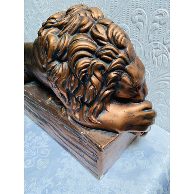 Copper Mid-Century Modern Large Lion Copper Painted Ceramic Figurine Glass Eyes Signed He For Sale - Image 8 of 12