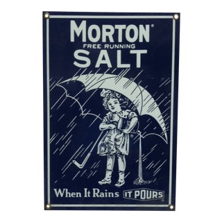 1970 Morton Salt Porcelain Sign, "When It Rains - It Pours" For Sale