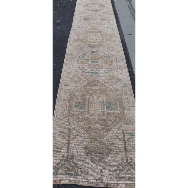 Tribal Long Vintage Turkish Oushak Runner With Soft Taupe, Sand, and Pale Teal For Sale - Image 3 of 14