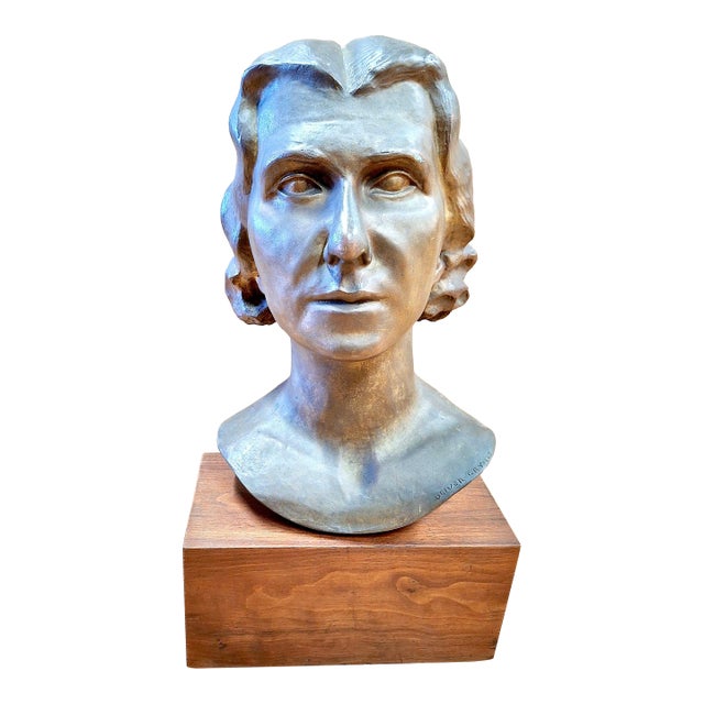 Early 20th-Century Female Bronze Bust on Stand by Oliver Grymes For Sale