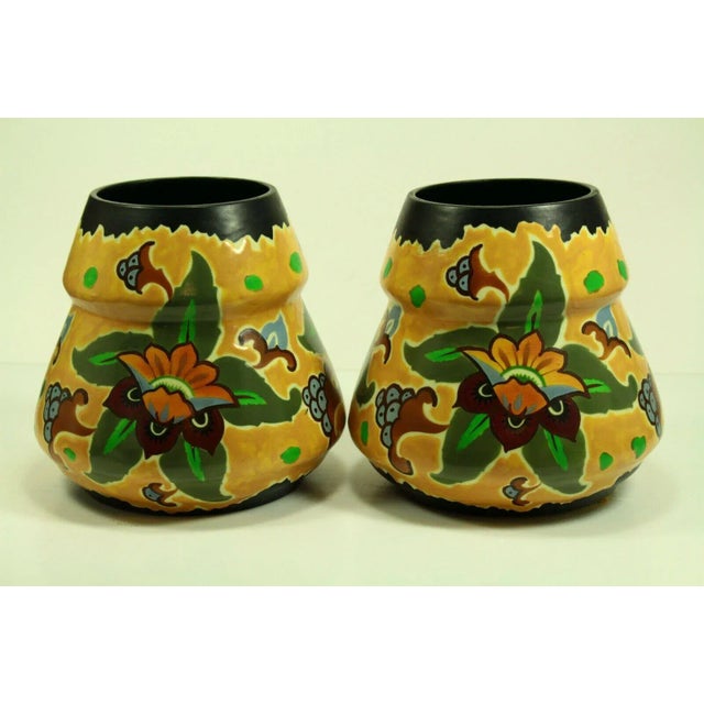 An amazing pair of large studio pottery vases Organic shape with stunning Art Deco style decoration Floral designs in...