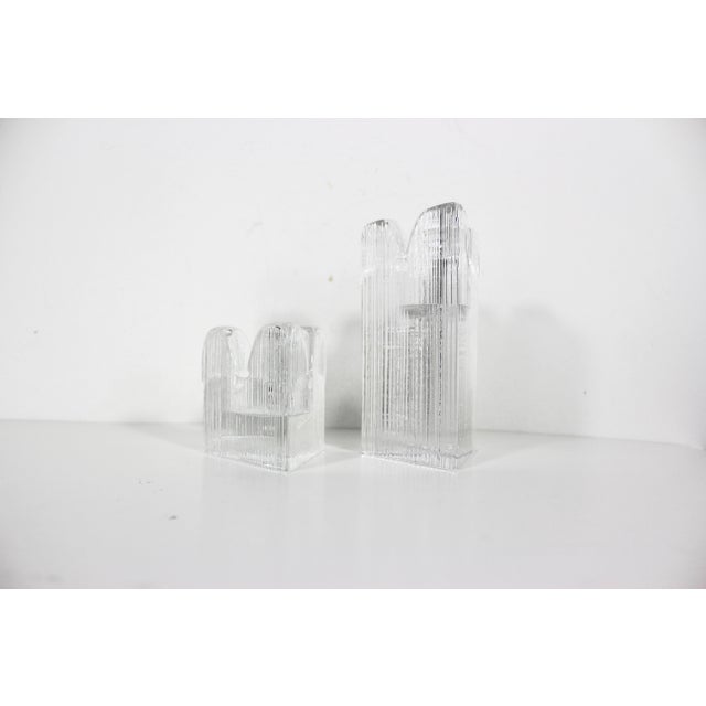 Anna Ehrner Pair of Kosta Boda Sweden “Skyline” Fluted Triangular Art Glass Crystal Candleholders Designed by Anna Ehrner For Sale - Image 4 of 11